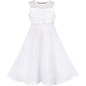 🆕Girls Burgundy Flower Lace Top White Chiffon Sleeveless Gradient Skirt Dress